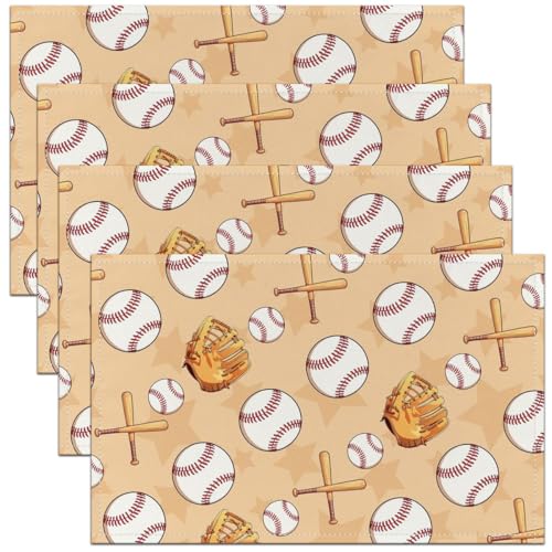 Baseball Placemats Set of 4,Baseball Bat and Gloves Table Mats,Sports Games Placemat for Kitchen Dining Table Cartoon Star Print Brown Dining Table Decor,18"x12" - color: Baseball Yellow Brown