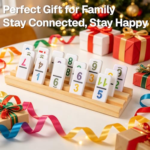 Mexican Train Dominoes Set Double 15 Number Domino Tiles, 136 Colorful Number Dominos Tiles with 8 Wooden Racks, Hub & Trains, Portable Domino Game Set for Adults Kids Families - style: Double 15 Number+8 Racks