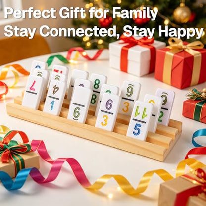 Mexican Train Dominoes Set Double 15 Number Domino Tiles, 136 Colorful Number Dominos Tiles with 8 Wooden Racks, Hub & Trains, Portable Domino Game Set for Adults Kids Families - style: Double 15 Number+8 Racks