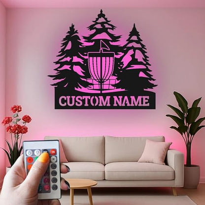Custom Disc Golf Basket Led Light Metal Wall Art Personalized Gift for Disc Golfers Outdoor Decor for Enthusiasts