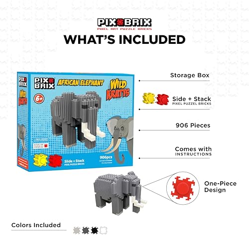 Pix Brix - Toy Pixel Art Kit - African Elephant, 906 Pieces - Patented Slide + Stack Pixel Puzzle Building Bricks, Build & Collect Animals - Stem Toys, Ages 6 Plus - style: African Elephant