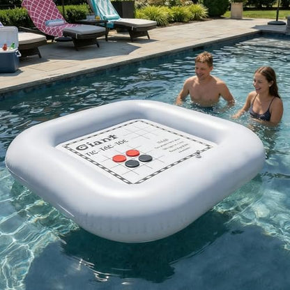 3-in-1 Pool Games Set Inflatable Giant Tic Tac Toe Checkers Board Game with 24 Chips 3.48Ft Double-Sided Foldable Float Water Toys Outdoor Play for Summer Swimming Pool Family Reunion Party