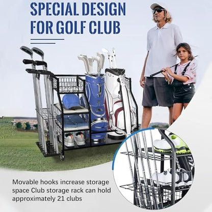 Golf Storage Organizer for Garage - Heavy Duty Stand | Extra Large Golf Storage with Wheels,for Golfers Home Basement Shed Balls Equipment Accessories Pouch