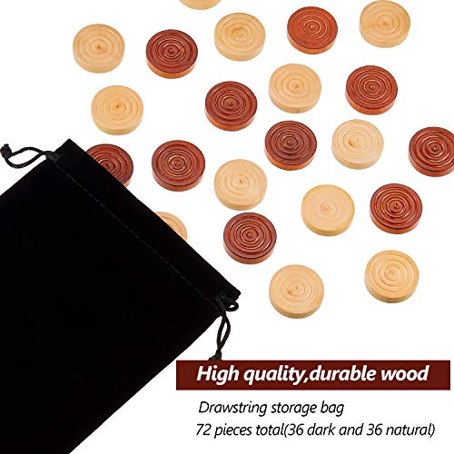 Skylety 72 Pieces Wood Checkers 1.06 Inch Wooden Checkers Pieces Set with Stackable Ridge in Drawstring Storage Pouch for Board Game, Dark Brown and Natural