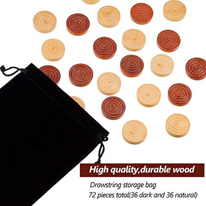 Skylety 72 Pieces Wood Checkers 1.06 Inch Wooden Checkers Pieces Set with Stackable Ridge in Drawstring Storage Pouch for Board Game, Dark Brown and Natural