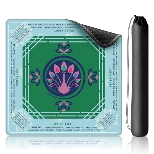 LZSIG Green Peacock Mahjong for Table with Printed Rules, 33×33 Inches | Anti-Slip, Waterproof, Noise-Reducing Table Cover for American Mahjong, Poker, Board Games , Dominoes, and Card Games - color: Cyan-1