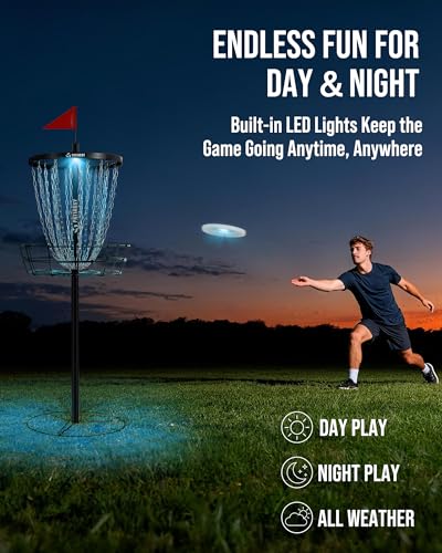 Disc Golf Basket with 24/12 Heavy Duty Chains, Disc Golf Target with Adjustable Height/Sound Reducer & Remote LED Light & Light Up Discs, Durable Practice Goal with Ground Stake for Backyard
