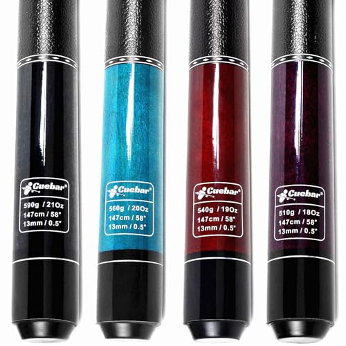 Set of 4 58" 2-Piece Pool Cue Sticks - 4 Distinct Colors, 18-21Oz | Weights 18,19,20,21 oz. Imitation leather grip. For adults/men/women, house bar/league play, or self-use/gift - color: Purple+Red+Teal+Black