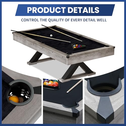 84" Pool Table with Rustic Grey Finish, X-Shaped Legs, Black Cloth, Billiard Balls, Cues, & Accessories–Billiard Table for Adults, Game Room & Home Entertainment (Grey)