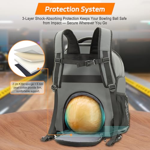 Bowling Ball Backpack with Shoe Compartment, Single Ball Bag for Men & Women, Protective Ball Holder & Ventilated Shoe Storage, Multi-Pocket Bowling Gear Bag for League & Casual Bowlers - color: Charcoal Grey