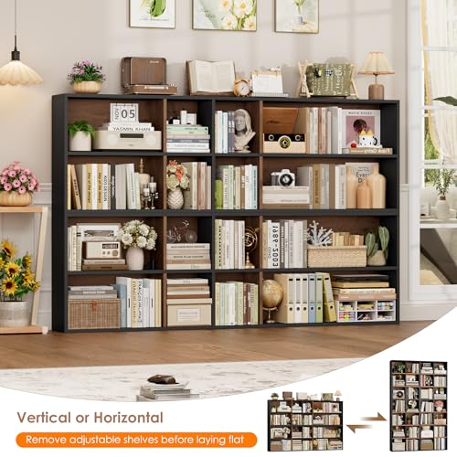 FOTOSOK 71'' Tall Bookshelf with 14 Cubes, 7 Tier Double Wide Wood Bookshelf with 6 Adjustable Shelves, 19.6" Narrow Bookcase DVD/CD Media Storage, Space Saving Display Shelf Cabinet, Black/Brown - color: Black/Brown