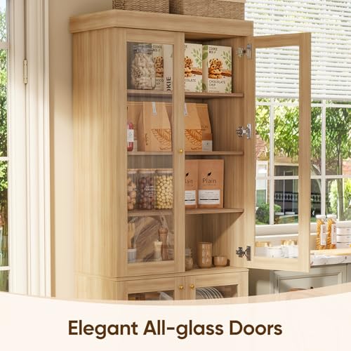 Vyre 70.8" Tall Brown Bookshelf with Glass Doors, Farmhouse Modular Bookcase with 6-Tier Adjustable Shelves, Large Storage Cabinet for Home Office, Living Room, Set of 2 - color: Brown