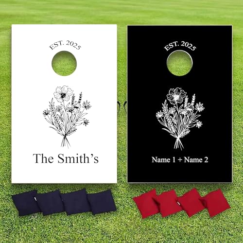Custom Wedding Cornhole Set Black and White Floral Bag Toss with Personalized Names and Wedding Date - Wedding Reception Games