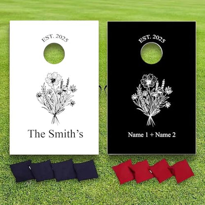 Custom Wedding Cornhole Set Black and White Floral Bag Toss with Personalized Names and Wedding Date - Wedding Reception Games