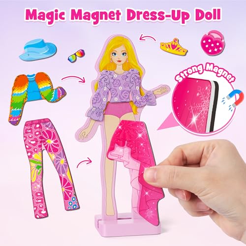 Mocoosy Wooden Magnetic Dress Up Dolls for Kids, Pretend Play Magnet Toys with Storage Case, Travel Game Airplane Car Road Trip Toy On The Go Activity Set Birthday Gift for Girls 3 4 5 6 7 8 Year Old