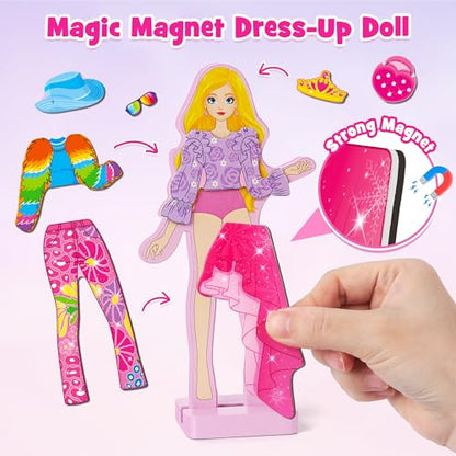 Mocoosy Wooden Magnetic Dress Up Dolls for Kids, Pretend Play Magnet Toys with Storage Case, Travel Game Airplane Car Road Trip Toy On The Go Activity Set Birthday Gift for Girls 3 4 5 6 7 8 Year Old