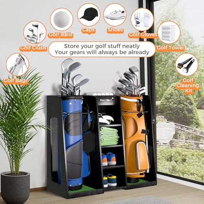 SuniBoxi Wooden Golf Storage Organizer for Garage, Premium Golf Bag Holder Rack for Golfing Accessories, Great Gift for Golfers,Husband, Dad(2 Bags,Dark Black) - size: 2 Bags
