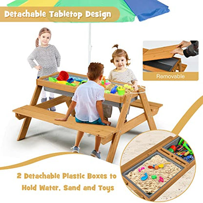 ARLIME Sand and Water Table - 3-in-1 Kids Picnic Table with Height Adjustable Umbrella, Removable Table Top & 2 Detachable Game Boxes, Water Play Table for Boys Girls, Outdoor Sensory Table (Colorful)