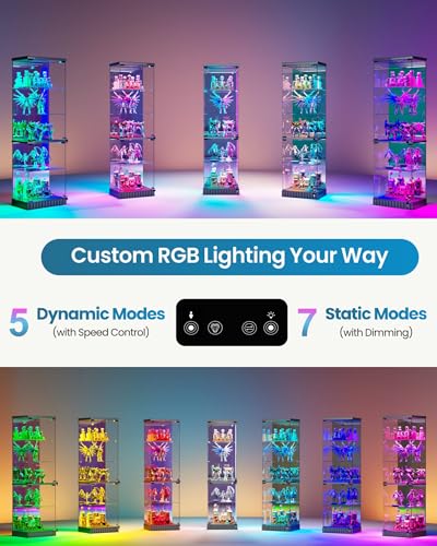 Lvifur Curio Display Cabinet - with Glass Door,5-Tier Glass Display Case with RGB Motion Sensor Light, Lockable Figure Display Case with Removable Glass Shelf for Collectibles,Black - color: Black-rgb Light