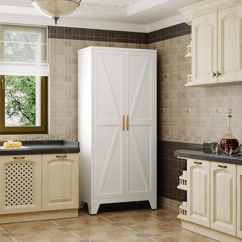 QINPTWUT 71" Metal Storage Cabinet with Doors and Shelves, Tall Pantry Cabinet in White with 2 Doors & 4 Adjustable Shelves, All-Steel Farmhouse Cupboard for Kitchen, Living Room,Home Office,Garage - color: White, size: 71"-0 drawer