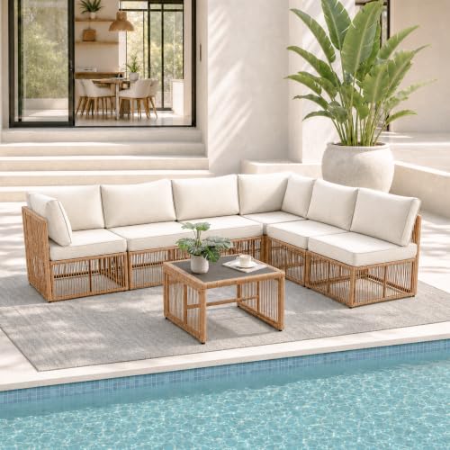 7 Piece Outdoor Patio Furniture Set, Wicker Sectional Sofa,Thick Cushions, All Weather Rattan Conversation Sets with Arm Chairs and Coffee Table for Backyard, Porch, Balcony, Deck, Garden - color: Beige, size: 7 Pieces