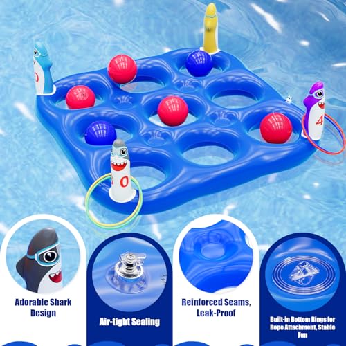 Shark Pool Toys Games Set, 2-in-1 Giant Inflatable Tic Tac Toe Float Game & Ring Toss Game with 10 Balls & 6 Rings, Outdoor Summer Fun Beach Yard Swimming Pool Games for Adults Teens Kids 6+ - style: Shark