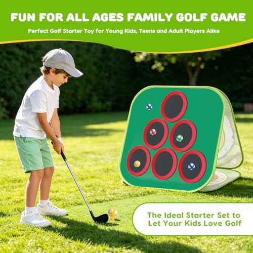 Golf Chipping Game Set Kids Backyard Golf Practice Set w/3-Sided Hitting Mat,20 Balls,6 Discs,Golf Club &4 Ground Stakes&Tees,4 in 1 Indoor Outdoor Family Game Sports Toy, for Boys Girls
