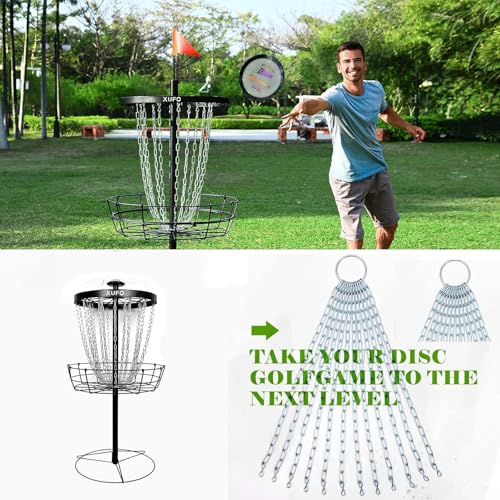 Portable Disc Golf Basket with 24 Chains and LED Sensor Lights for Night Practice - Stable Pole Base/12 Light Guide Strips