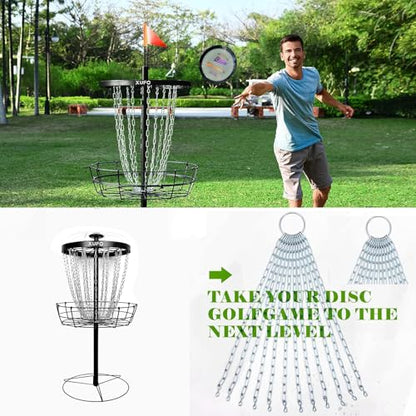 Portable Disc Golf Basket with 24 Chains and LED Sensor Lights for Night Practice - Stable Pole Base/12 Light Guide Strips