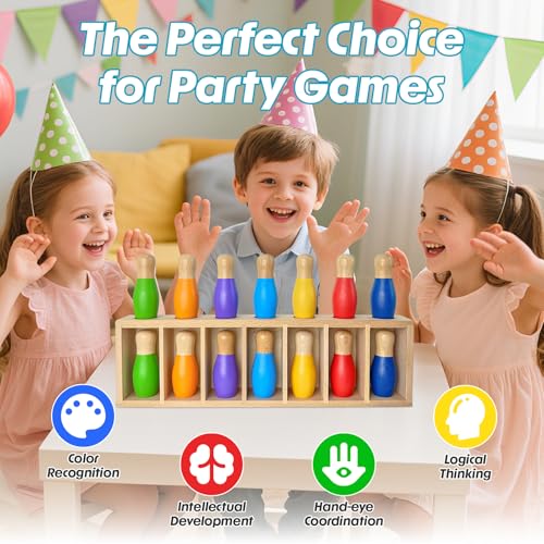 pamexin Family Games for Kids, Wooden Bowling Color Matching Game with 7 Bright Pins and Storage Bag, Family Board Games Party Birthday Gift, Fun Party Game for Boys Girls