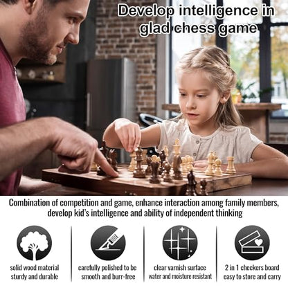 2 in 1 Wooden Chess and Checkers Set - Folding Magnetic Chess Board with Storage Slots, Chess Pieces, Portable Travel Chess Set for Adults & Kids, Includes Carry Bag