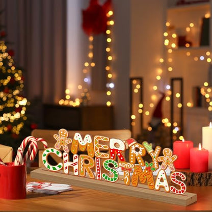 Christmas Decorations Merry Christmas Metal Table Sign, Gingerbread Cookie Letters Holiday Tiered Tray Decor Cute Tabletop Centerpiece for Home Mantel Kitchen Shelf Party Gift - style: Merry Christmas