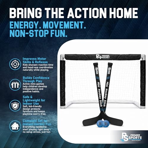 Premier Sports Knee Hockey Set – Complete 2-Player Indoor Kit with (1) Mini Goal, (2) Mini Sticks, and (2) Foam Balls