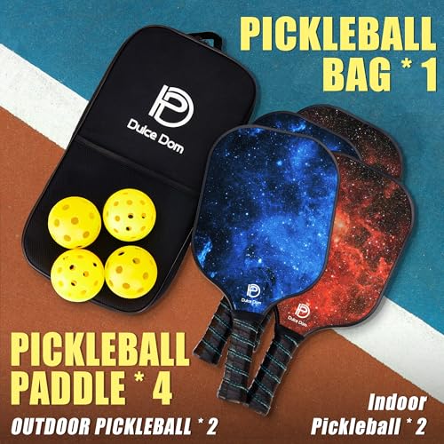 Dulce DOM Pickleball Paddles Set of 2/4 - USAPA Approved, 4 Indoor Outdoor Pickleball Balls, Fiberglass Surface Paddle Racket with Cover Bag, Ideal Training Equipment Gift for Men & Women - color: Blue Red*4