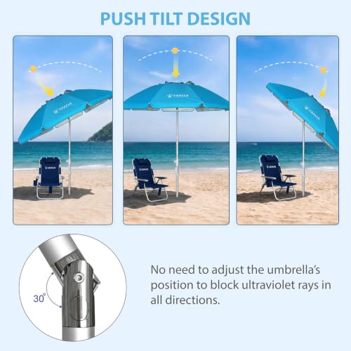 AMMSUN 6.5ft Twice Folded Portable beach umbrella with Sand Anchor Windproof Tilt Pole Air vent UPF 50+ Protection Fits in a large Suitcase Compact For Travel Patio Garden Pool Backyard Sky Blue - color: 6.5ft Light Blue