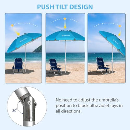 AMMSUN 6.5ft Twice Folded Portable beach umbrella with Sand Anchor Windproof Tilt Pole Air vent UPF 50+ Protection Fits in a large Suitcase Compact For Travel Patio Garden Pool Backyard Sky Blue - color: 6.5ft Light Blue
