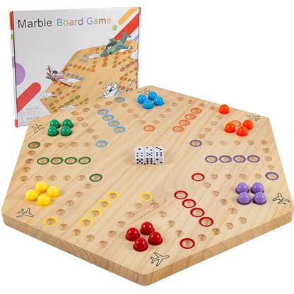 Wahoo Marble Board Game - Extra Large 23.6 Inches Game Board for 4 and 6 Players, Classic Family Fun with 30 Marbles, 6 Dice, Storage Bag & Gift Box, Bright Colors. (Extra Large, Log) - color: Extra Large, Log