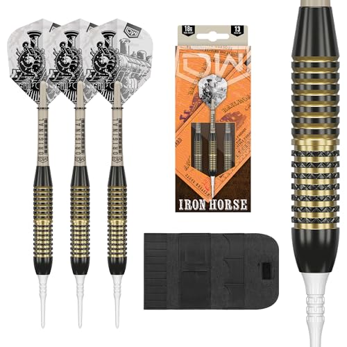 DW Ironhorse Brass Soft Tip Darts, 18G / 20G | Pixel Tip Dart Set with Storage Case Wallet, Black & Gold Darts, Plastic Tips, Professional Darts Accessories