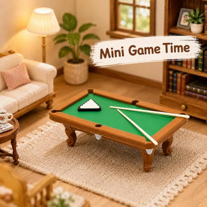 DECHOUS 1 Set Miniature Dollhouse Pool Table Set - 1:12 Scale Mini Billiard Table with Cues and Balls - Dollhouse Game Room Decor