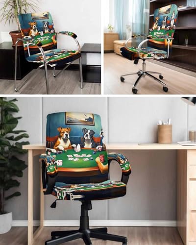 Abstract Animal Office Chair Cover with Armrest Covers, Dog in The Room Poker Games Universal Stretch Desk Rotating Chair Slipcovers, Removable Seat Protector with Zipper, L - color: Dark Green Brown, size: Large & 2PCS Armrest Covers
