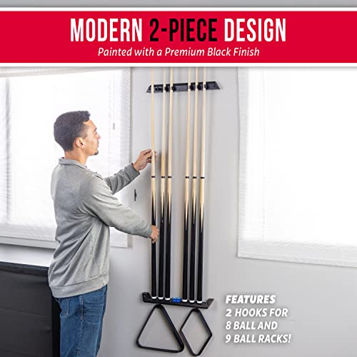 GoSports Wall Mounted Pool Cue Stick Holder - Holds 6 Billiards Cues and 2 Triangle Racks - Black - style: Black