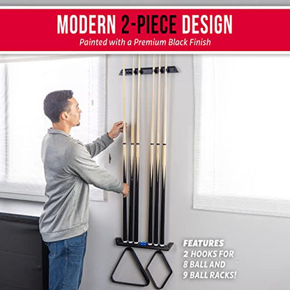 GoSports Wall Mounted Pool Cue Stick Holder - Holds 6 Billiards Cues and 2 Triangle Racks - Black - style: Black