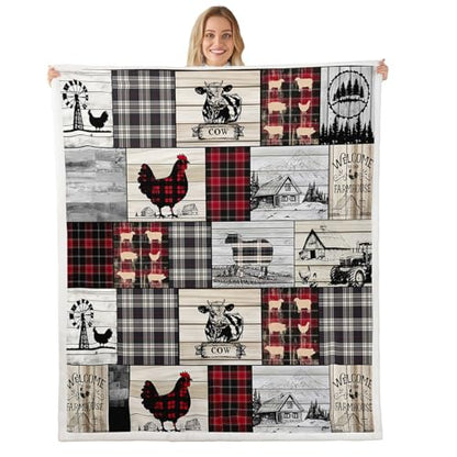 Rustic Farm Animal Fleece Bed Blanket Baby 30"X40" Retro Buffalo Plaid Farmhouse Cabin Throw Blanket Country Sheep Chicken Cow Print Sherpa Blanket,Grid Windmill Flannel Blanket Red Black Grey - color: Pattern 16, size: Baby(30"x40")