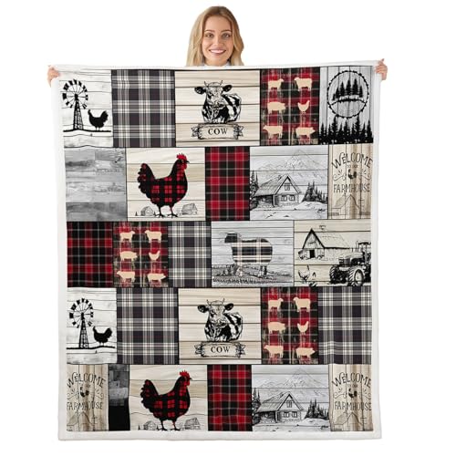 Rustic Farm Animal Fleece Bed Blanket Queen 90"X90" Retro Buffalo Plaid Farmhouse Cabin Throw Blanket Country Sheep Chicken Cow Print Sherpa Blanket,Grid Windmill Flannel Blanket Red Black Grey - color: Pattern 16, size: Queen(90"x90")