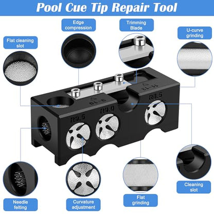 23Pcs Pool Cue Tips Replacement Kit, 11-in-1 Billiards Pool Cue Tip Shaper, 2 Chalk Cubes 6 Ferrules 6 Cue Tips 2 Blades 2 Wrenches 1 Scissors 1 Tape 1 Glove 1 Instruction Manual for Billiard
