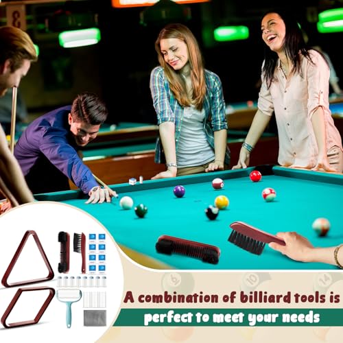 22 Pcs Pool Table Brush Set Wooden Billiard Rack 8 or 9 Ball Triangle Diamond for 2-1/4" Pool Ball with Polish Cloth Sticky Lint Roller Cue Chalk Cube Accessories - color: Wine Red