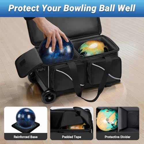 Bosynoy 3 Ball Bowling Bags with Wheels, Single Ball Tote+2 Ball Bowling Bag with Shoe Compartment (Up to US Men Size 16), Bowling Ball Bag 3 Ball Roller with Insulated Pockets, Black