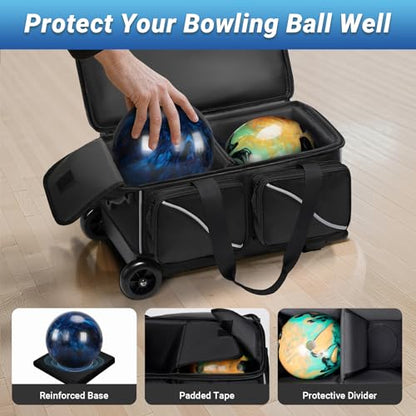 Bosynoy 3 Ball Bowling Bags with Wheels, Single Ball Tote+2 Ball Bowling Bag with Shoe Compartment (Up to US Men Size 16), Bowling Ball Bag 3 Ball Roller with Insulated Pockets, Black