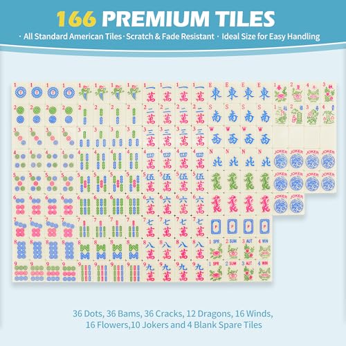 Jolitac American Mahjong Game Set, 166 Premium Tiles, 1.2-inch Mahjong Tile Set with Sturdy Carrying Bag, Thickened Mah-Jongg Tiles Bag Portable Travel Complete Mahjong Set - color: Blue & White