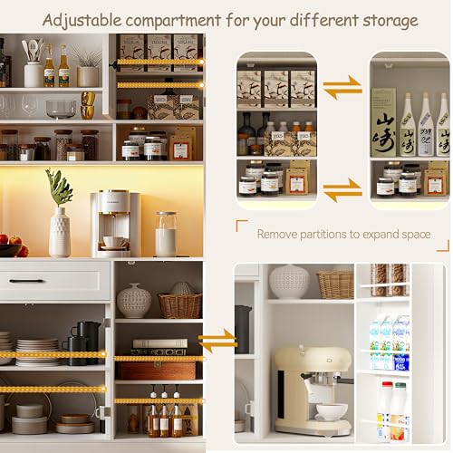 FJTJBSI 72" Kitchen Pantry Cabinet with LED Light and Charging Station Tall Pantry Storage Cabinet with Adjustable Shelves and Door Shelves Modern Kitchen Hutch with Microwave Stand and Countertop - color: White